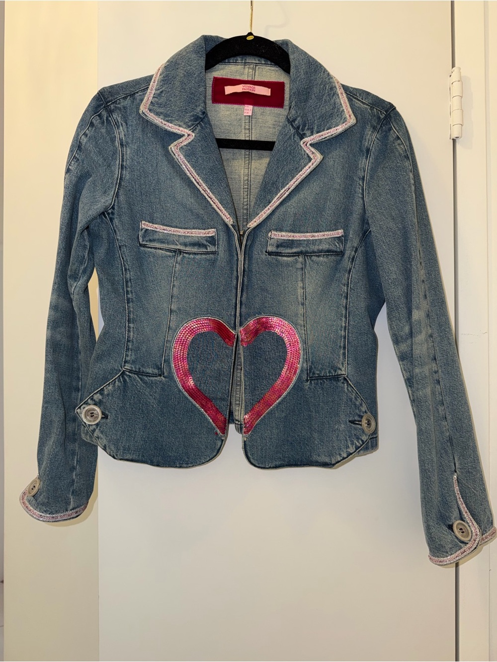 Women’s Blue Denim Jacket Pink Heart Sequin Detail voyage trim boutique